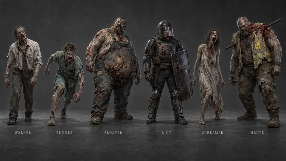 ผู้ติดเชื้อ 6 แบบ ได้แก่ Walker, Runner, Bloater, Riot, Screamer และ Brute